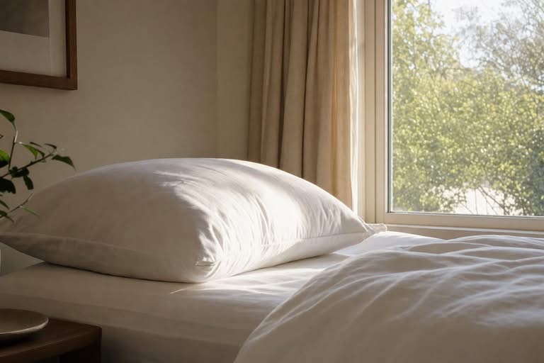 A plump white down pillow on a neatly made bed beside a sunlit bedroom window