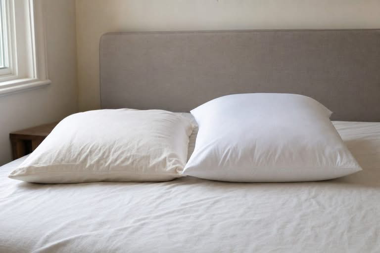 A natural cotton pillow and a soft white polyester pillow side by side on a made bed